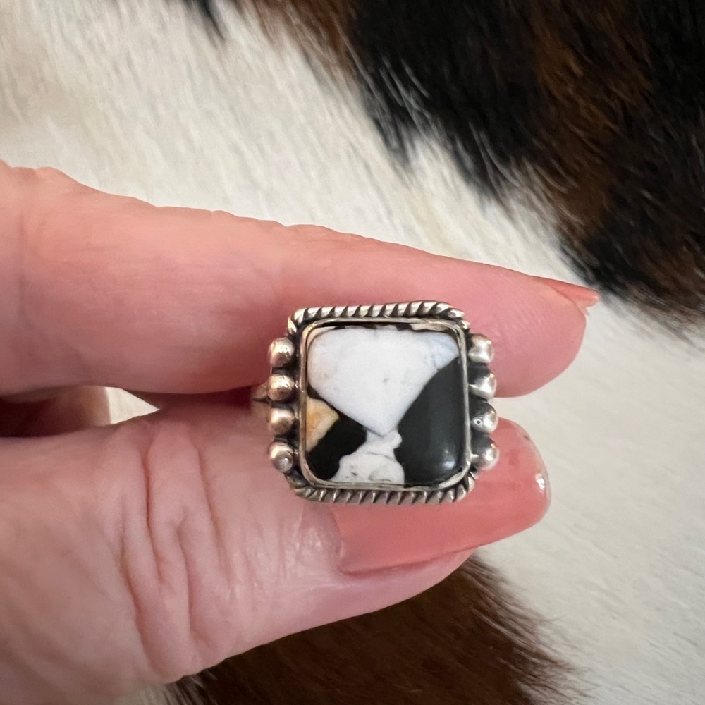 ❤️ White Buffalo Turquoise Square 925 Ring Navajo Style Matte ADJ SZ 5 to 7.5